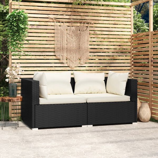 vidaXL 2-Seater Sofa with Cushions Black Poly Rattan