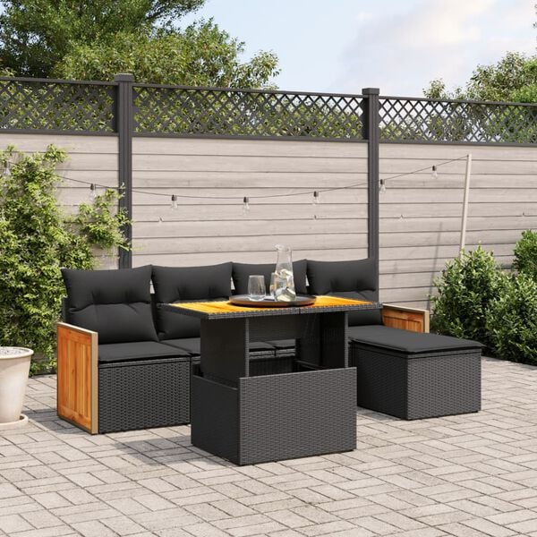vidaXL 6 Piece Garden Sofa Set with Cushions Black Poly Rattan