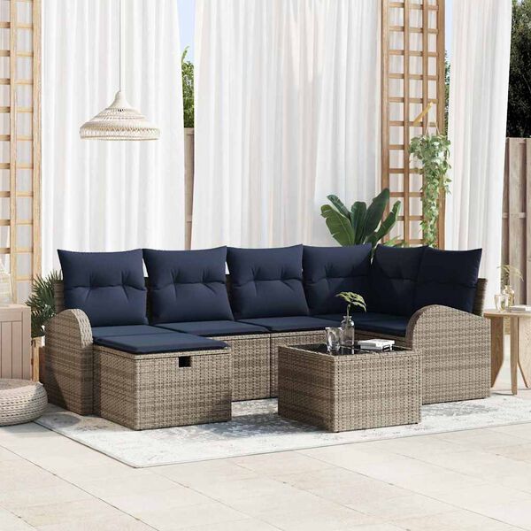 vidaXL Sofa Set with Cushion Manual 7 pcs Grey and Navy Poly Rattan