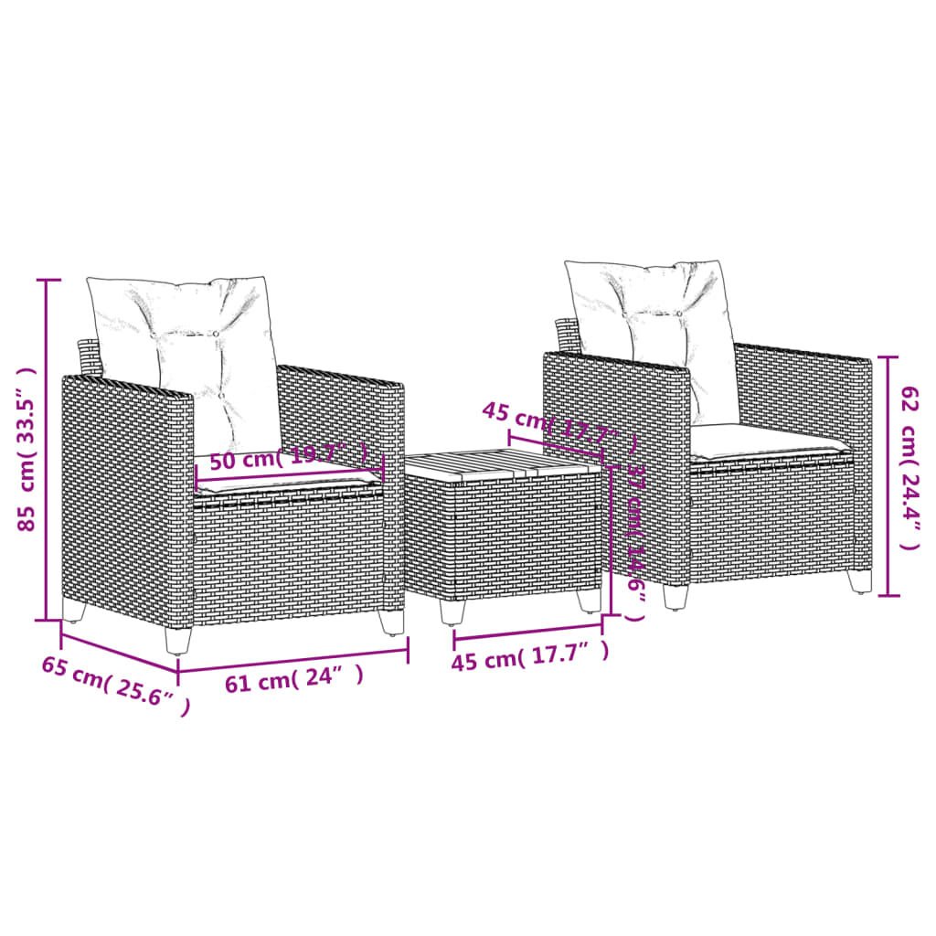 vidaXL 3 Piece Bistro Set with Cushions Grey Poly Rattan Acacia Wood