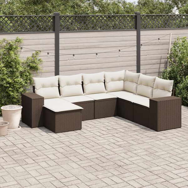 vidaXL 7 Piece Garden Sofa Set with Cushions Brown Poly Rattan