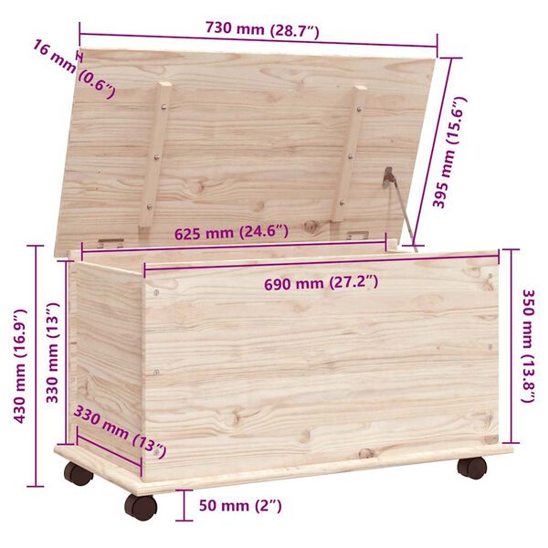 vidaXL Storage Chest with Wheels ALTA 73x39.5x43 cm Solid Wood Pine