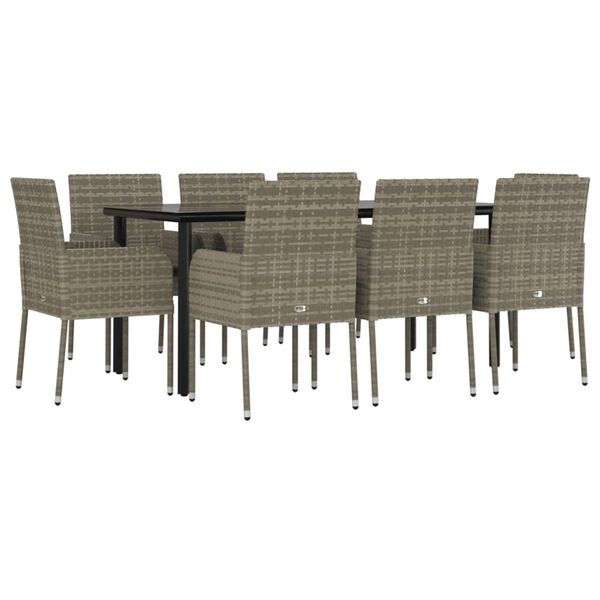 vidaXL 9 Piece Garden Dining Set with Cushions Black and Grey Poly Rattan
