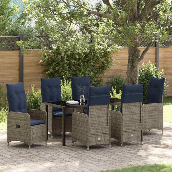 vidaXL Table and Chair Set with Cushion 7 pcs Grey PE Rattan