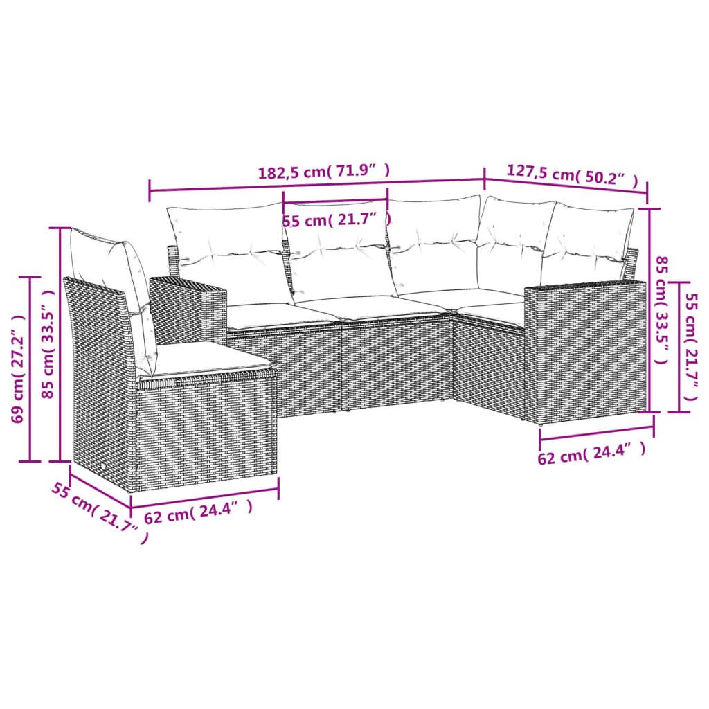 vidaXL 5 Piece Garden Sofa Set with Cushions Grey Poly Rattan