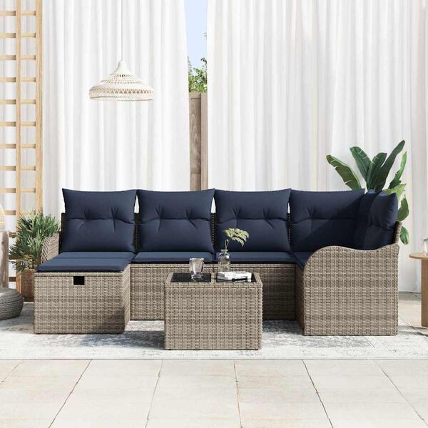 vidaXL Garden Sofa Set with Cushion 7 pcs Grey and Navy Poly Rattan