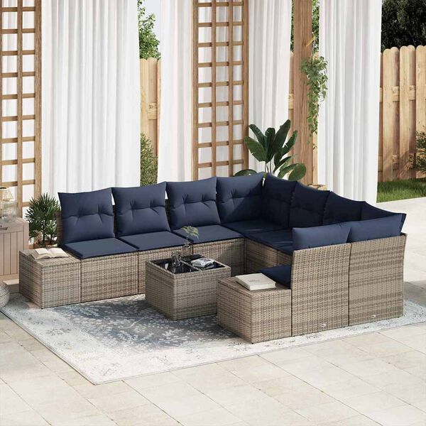 vidaXL Sofa Set with Cushion 9 pcs Grey Poly Rattan