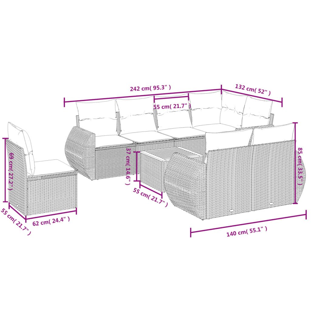 vidaXL 9 Piece Garden Sofa Set with Cushions Beige Poly Rattan