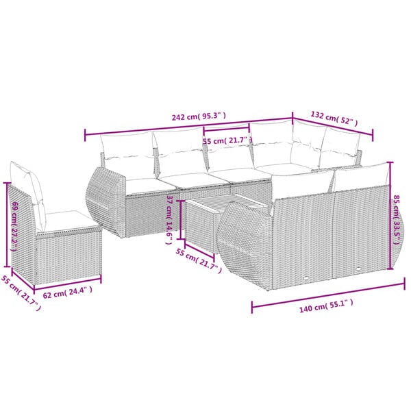vidaXL 9 Piece Garden Sofa Set with Cushions Beige Poly Rattan