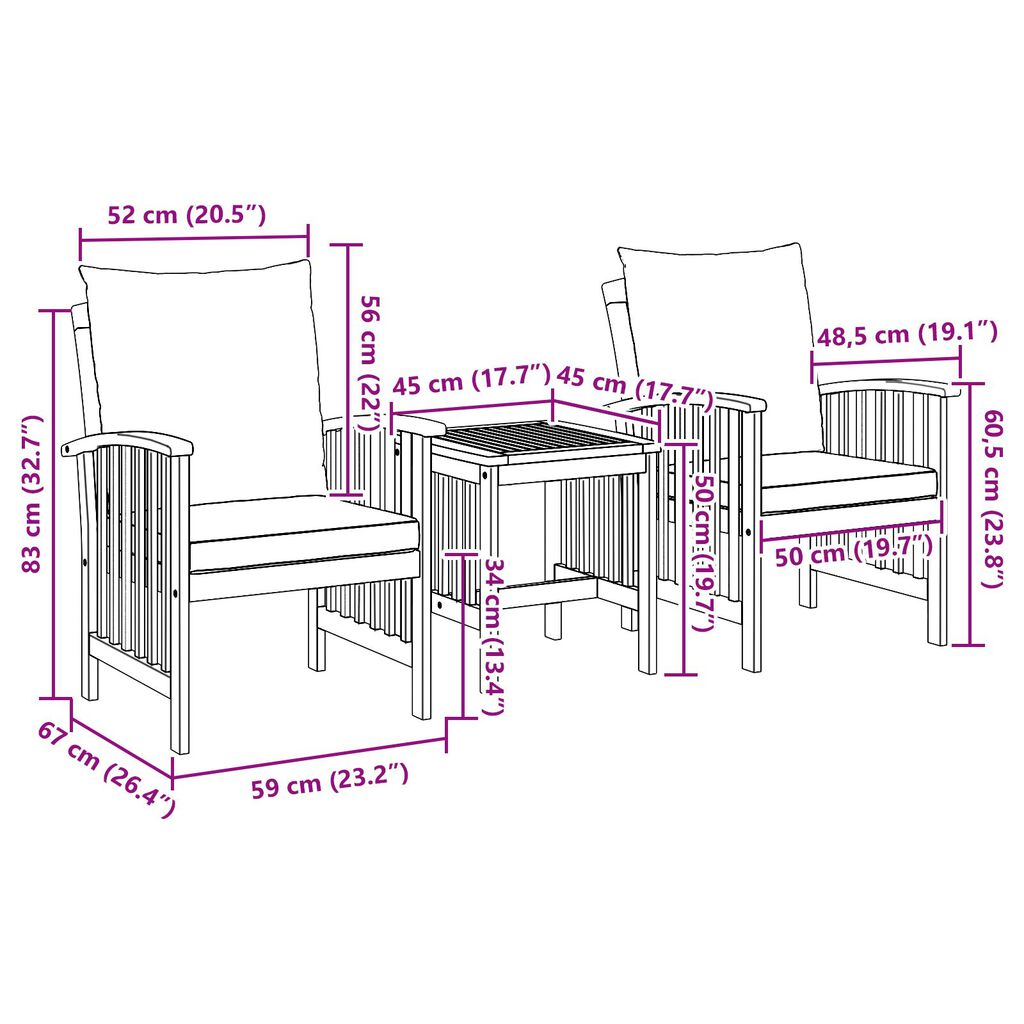 vidaXL 3 Piece Garden Lounge Set with Cushions Solid Acacia Wood