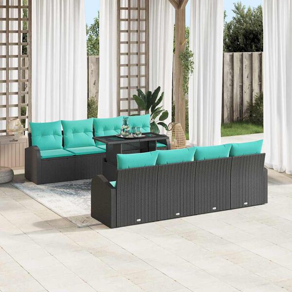vidaXL Garden Sofa Set with Cushion Manual 9 pcs Black Poly Rattan