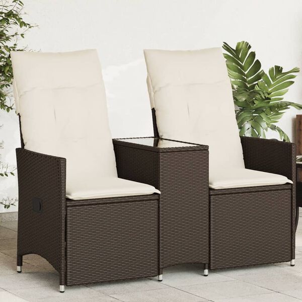 vidaXL Reclining Garden Sofa 2-Seater with Table Brown Poly Rattan