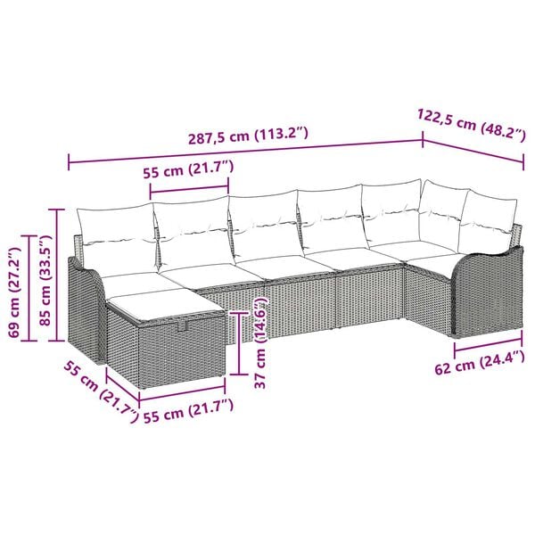 vidaXL 7 Piece Garden Sofa Set with Cushions Grey Poly Rattan