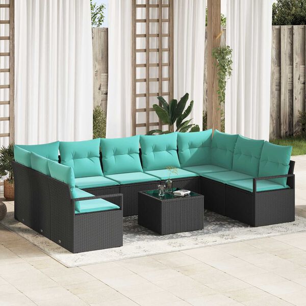 vidaXL 10 Piece Garden Sofa Set with Cushions Black Poly Rattan