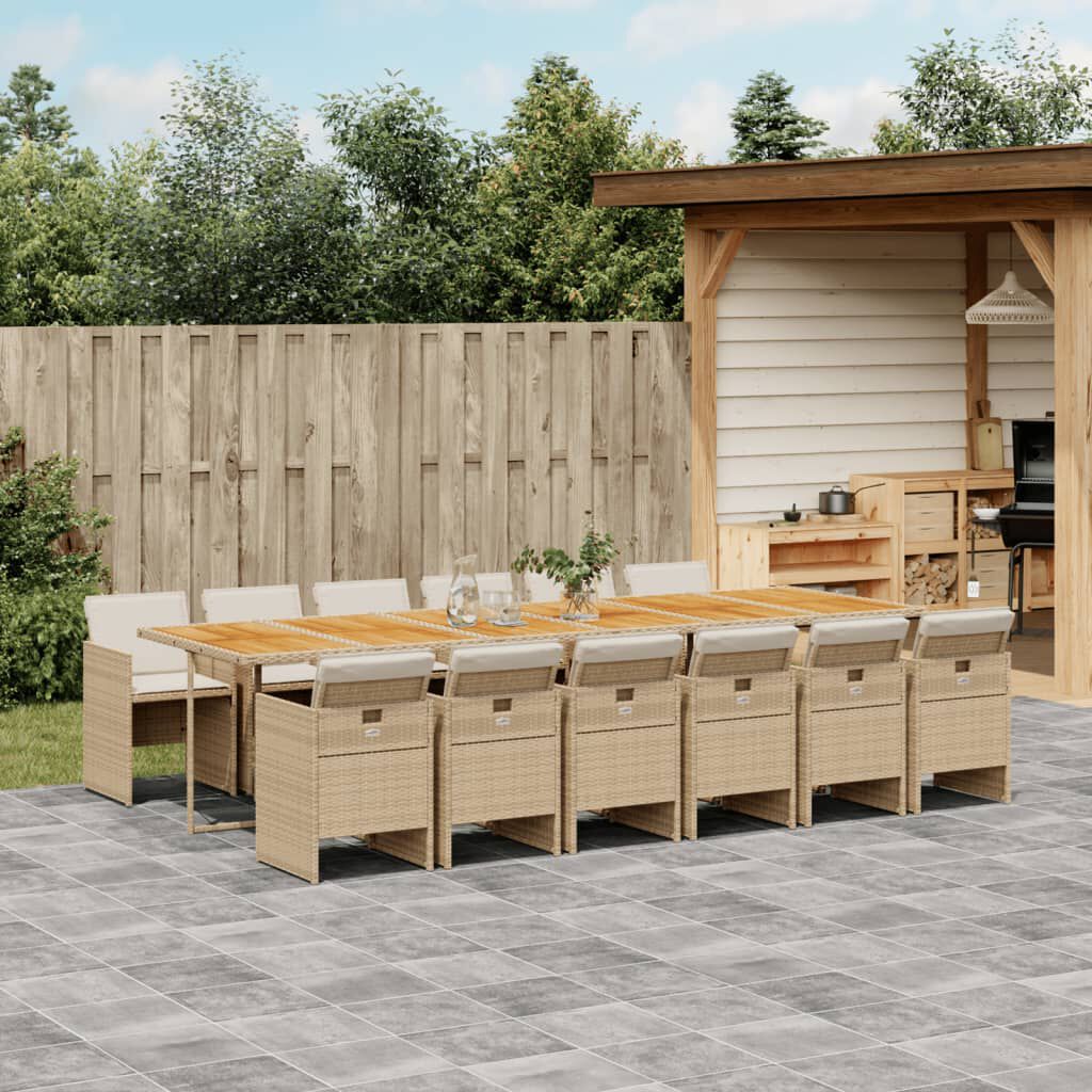 vidaXL 13 Piece Garden Dining Set with Cushions Beige Poly Rattan
