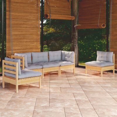 vidaXL 5 Piece Garden Lounge Set with Grey Cushions Solid Pinewood