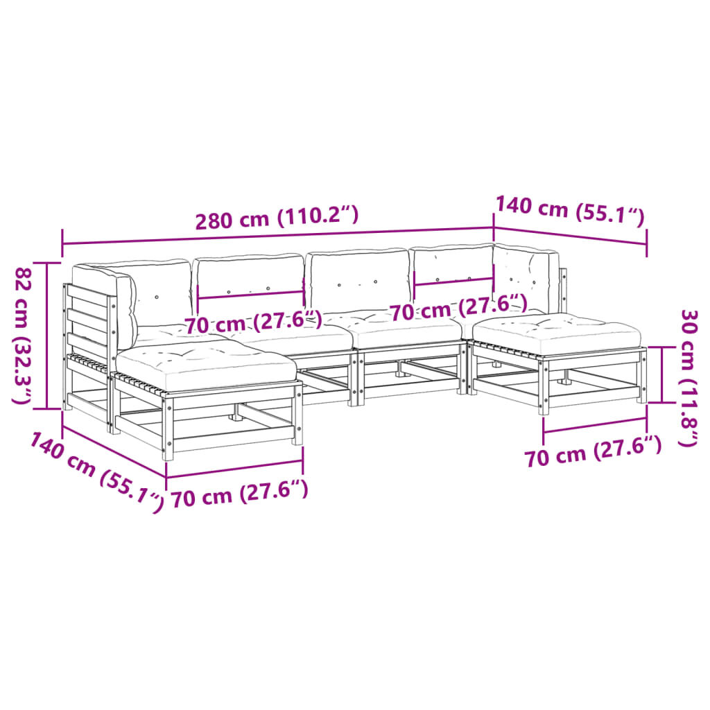 vidaXL 6 Piece Garden Sofa Set with Cushions Wax Brown Solid Wood Pine
