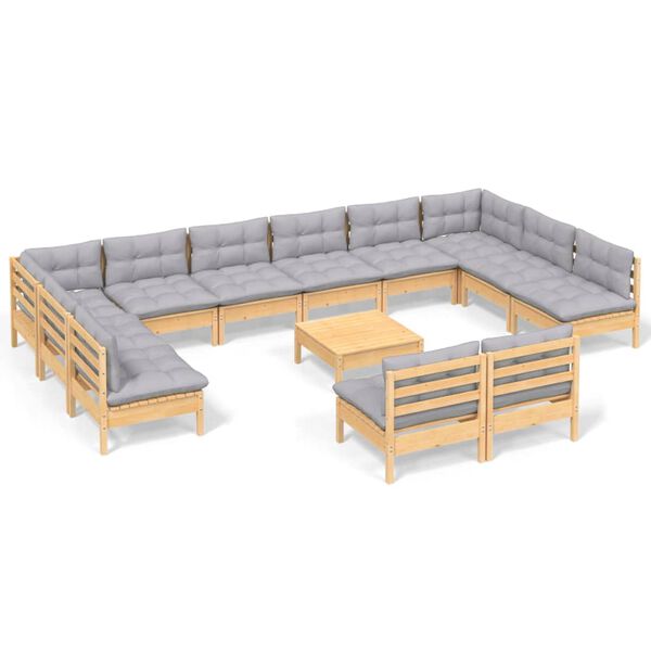 vidaXL 13 Piece Garden Lounge Set with Grey Cushions Solid Pinewood