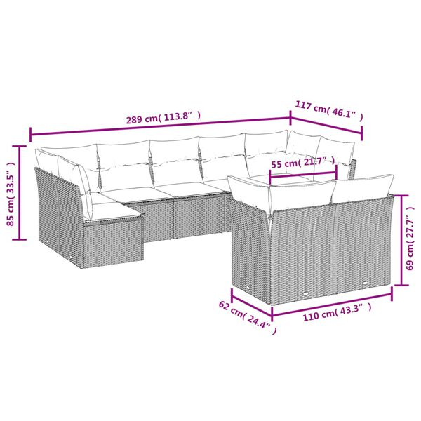 vidaXL 9 Piece Garden Sofa Set with Cushions Grey Poly Rattan