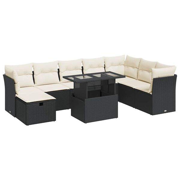 vidaXL 9 Piece Garden Sofa Set with Cushions Black Poly Rattan