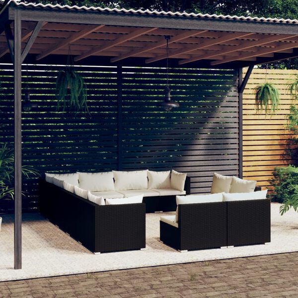 vidaXL 12 Piece Garden Lounge Set with Cushions Black Poly Rattan