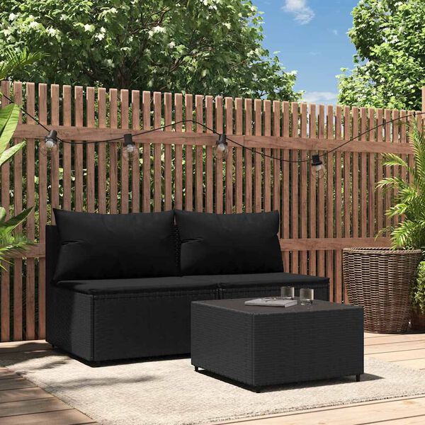 vidaXL 3 Piece Garden Lounge Set with Cushions Black Poly Rattan