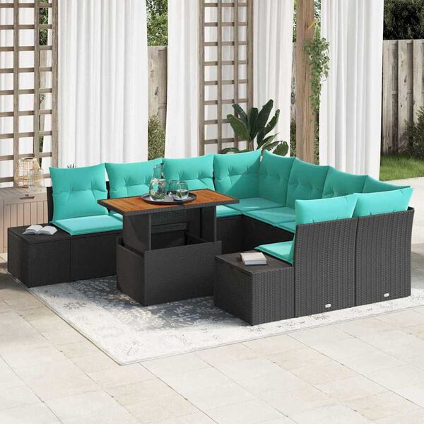 vidaXL Garden Sofa Set with Storage 9 pcs Black Poly rattan