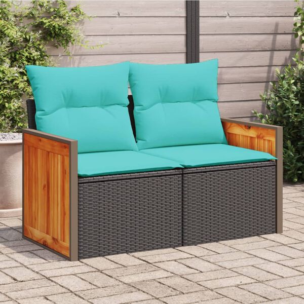 vidaXL Garden Sofa with Cushions 2-Seater Black Poly Rattan