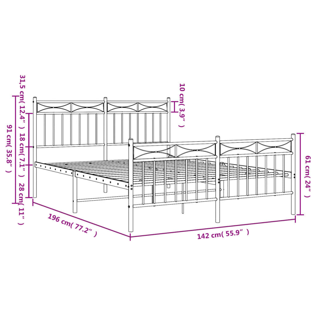 vidaXL Metal Bed Frame without Mattress with Footboard Black 135x190cm