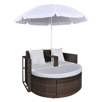 vidaXL Garden Bed with Parasol Brown Poly Rattan