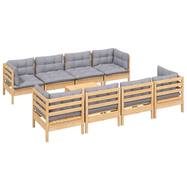 vidaXL 9 Piece Garden Lounge Set with Grey Cushions Solid Pinewood