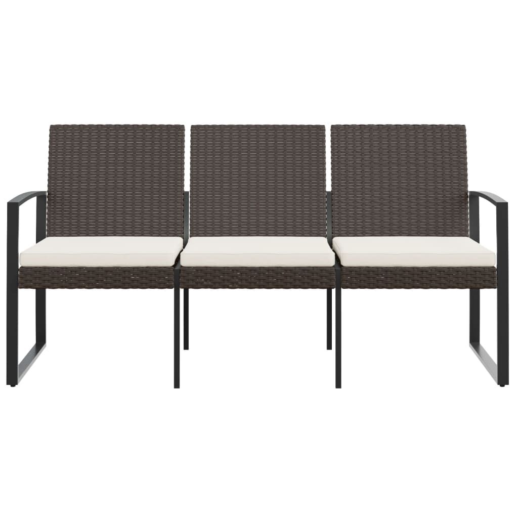 vidaXL 3-Seater Garden Bench with Cushions Brown PP Rattan