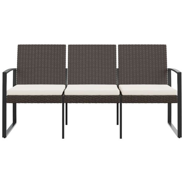 vidaXL 3-Seater Garden Bench with Cushions Brown PP Rattan