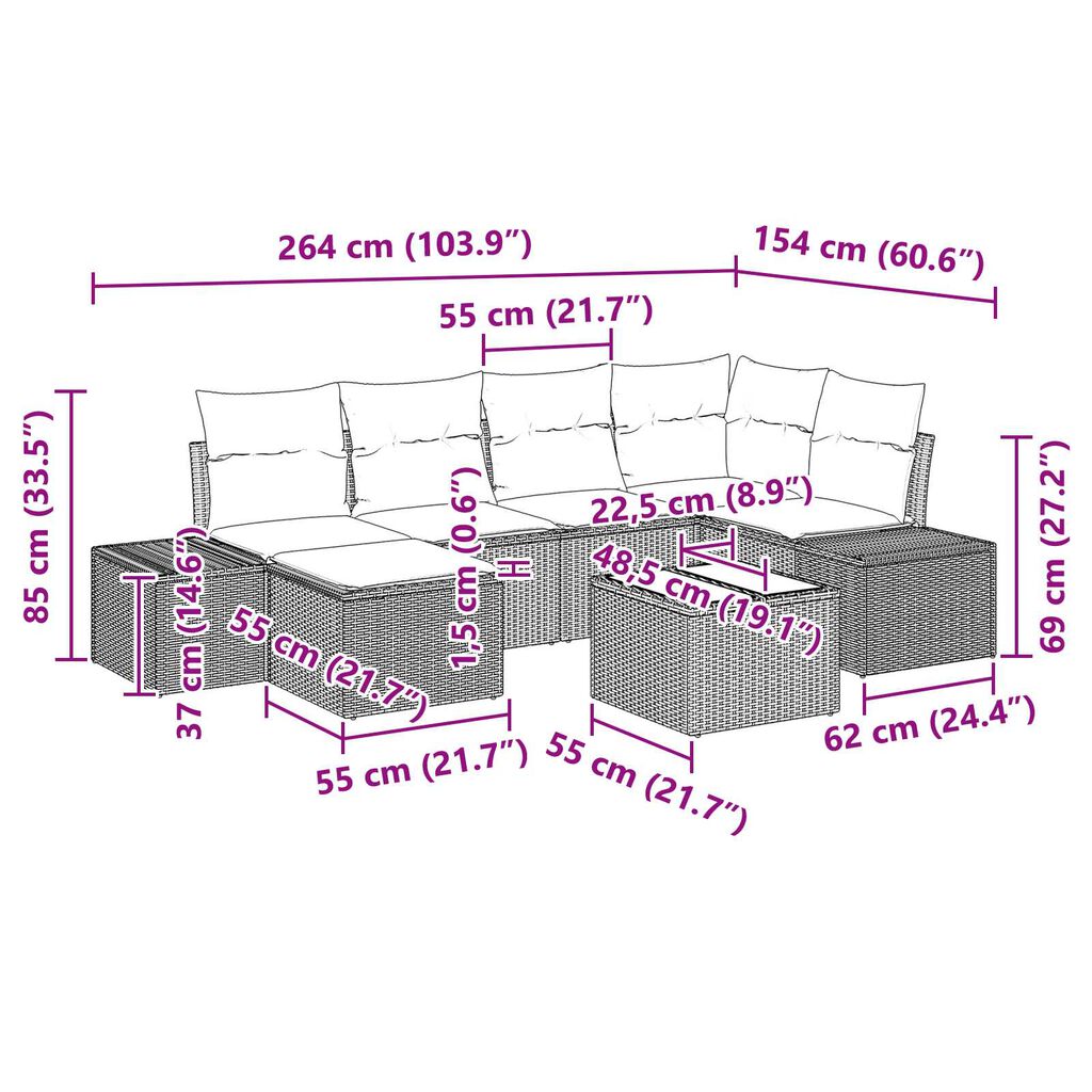 vidaXL 7 Piece Garden Sofa Set with Cushions Black Poly Rattan