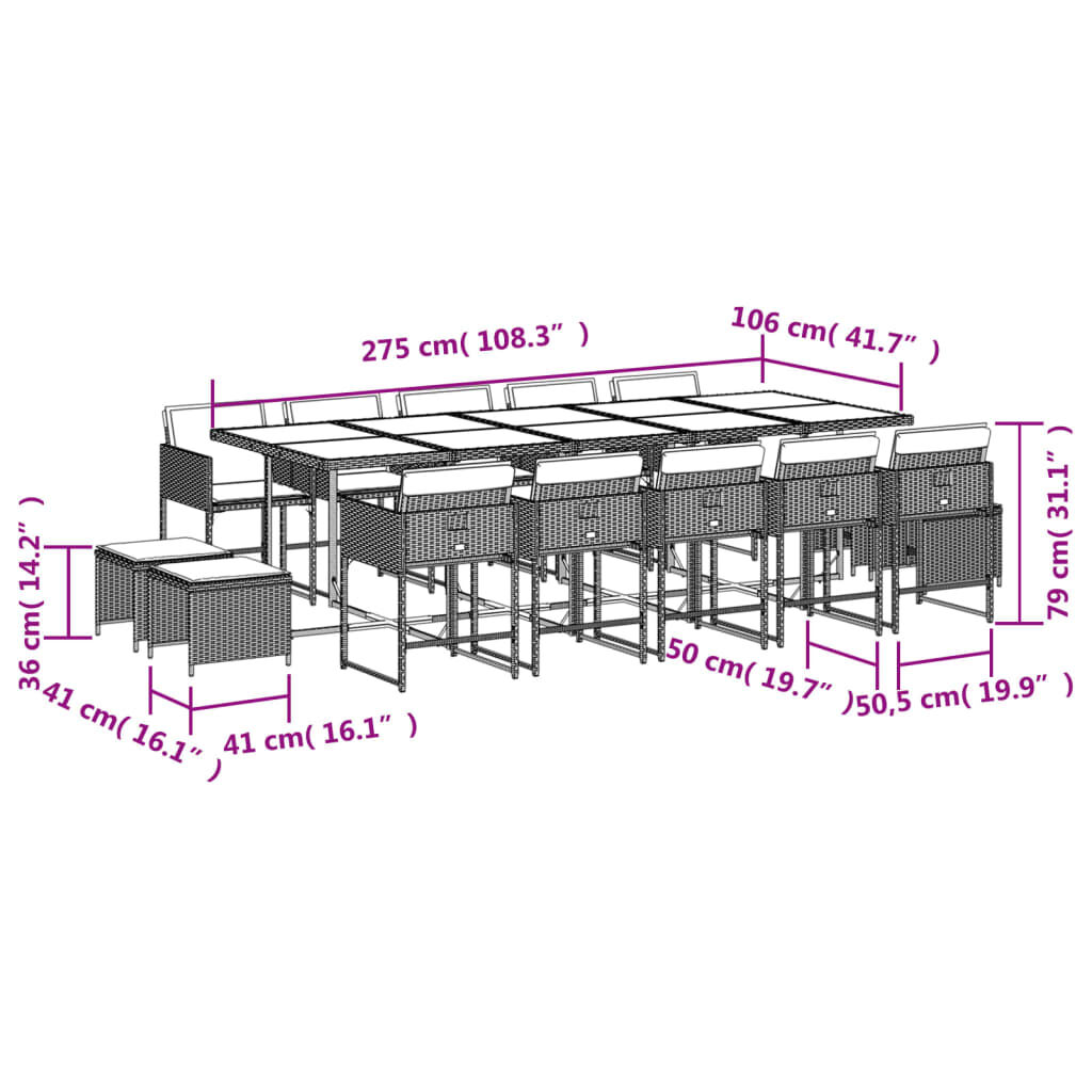 vidaXL 15 Piece Garden Dining Set with Cushions Beige Poly Rattan