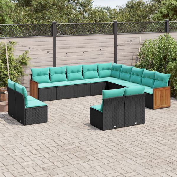 vidaXL 13 Piece Garden Sofa Set with Cushions Black Poly Rattan