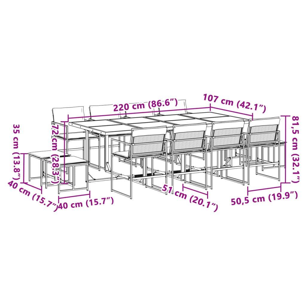 vidaXL 13 Piece Garden Dining Set with Cushions Black Textilene