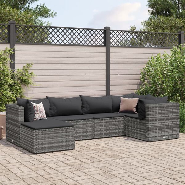 vidaXL 6 Piece Garden Lounge Set with Cushions Grey Poly Rattan