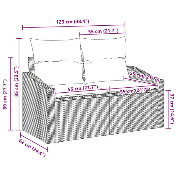 vidaXL 2-Seater Garden Sofa with Cushions Grey Poly Rattan