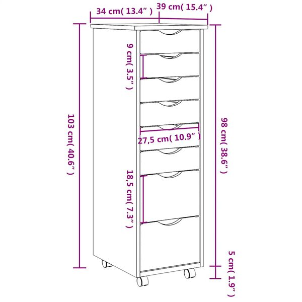 vidaXL Rolling Cabinet with Drawers MOSS White Solid Wood Pine