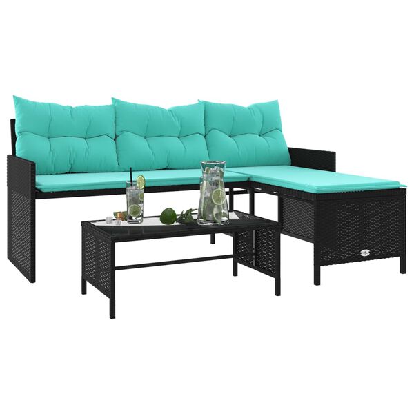vidaXL Garden Sofa with Table and Cushions L-Shaped Black Poly Rattan