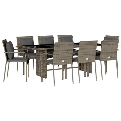 vidaXL 9 Piece Garden Dining Set with Cushions Grey Poly Rattan