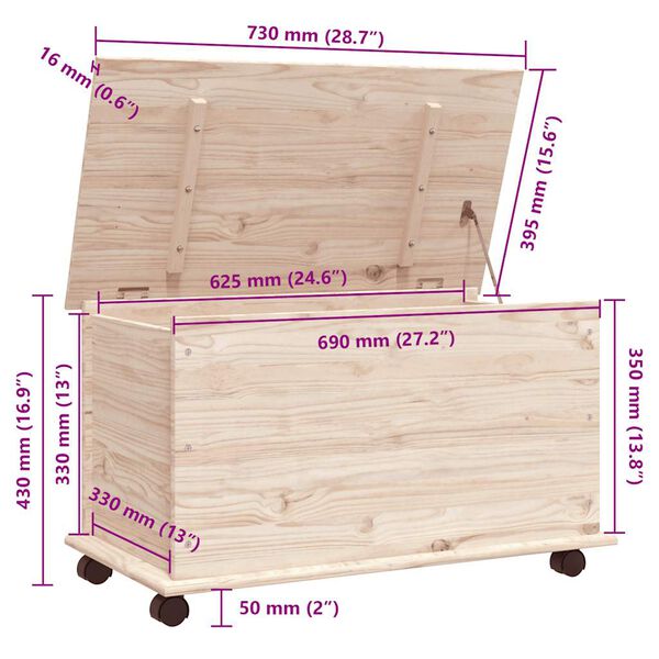 vidaXL Storage Chest with Wheels ALTA 73x39.5x43 cm Solid Wood Pine