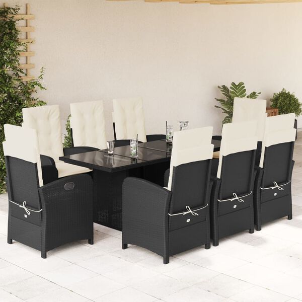 vidaXL 9 Piece Garden Dining Set with Cushions Black Poly Rattan