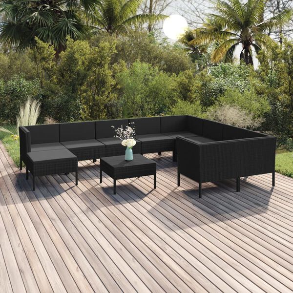 vidaXL 11 Piece Garden Lounge Set with Cushions Poly Rattan Black