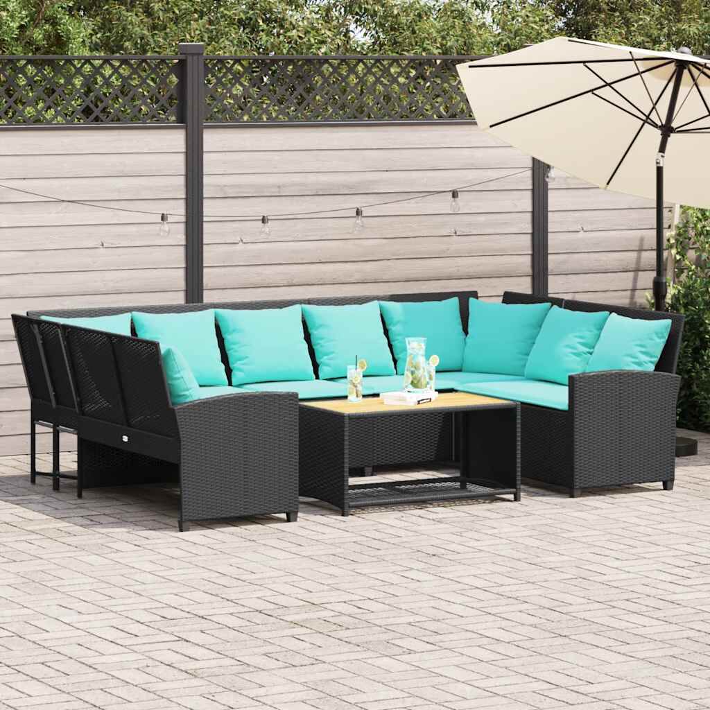 vidaXL Garden Sofa with Cushions Black Poly Rattan