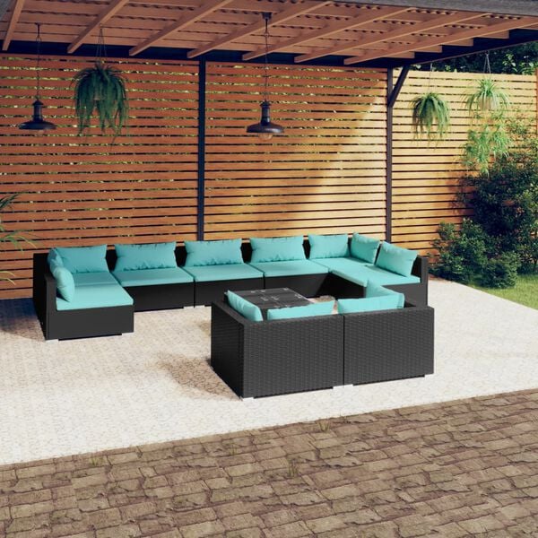 vidaXL 10 Piece Garden Lounge Set with Cushions Black Poly Rattan