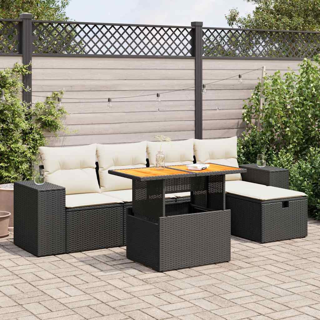 vidaXL 6 Piece Garden Sofa Set with Cushions Black Poly Rattan Acacia