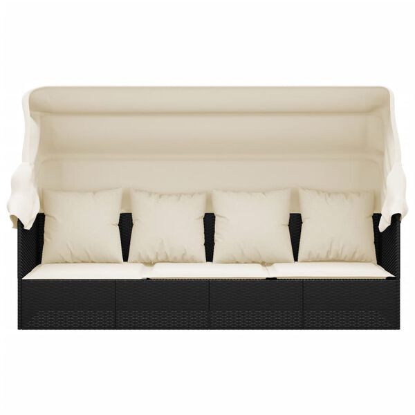 vidaXL Outdoor Lounge Bed with Roof and Cushions Black Poly Rattan