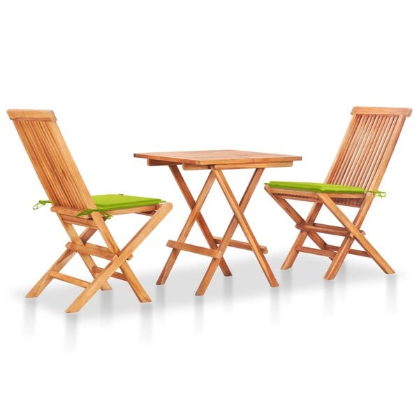 vidaXL 3 Piece Bistro Set with Bright Green Cushions Solid Teak Wood